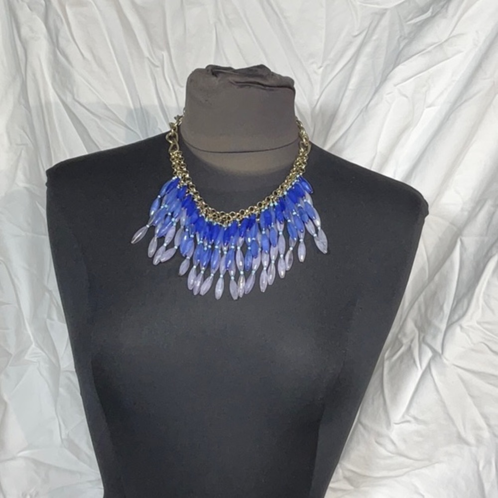 Gold tone with blue beads statement piece necklace